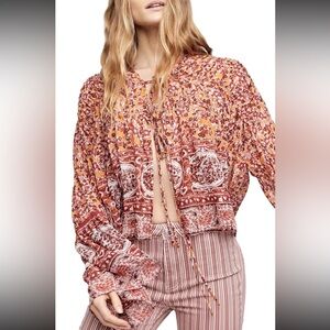 Free People Lorraine Printed Tie Front Kimono Top Blouse Size Medium